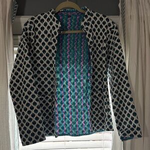 Patterned Quilted Jacket with Blue and Pink Accents